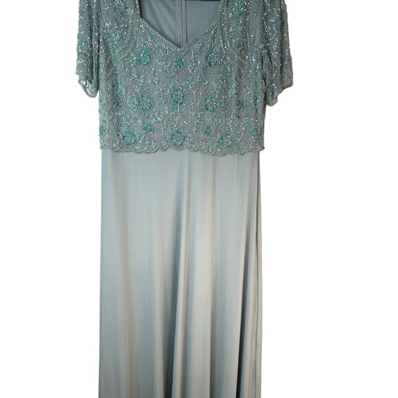 Pisarro Nights Size 10 Aqua Green Beaded Short Sleeve Evening Dress - Picture 7 of 16